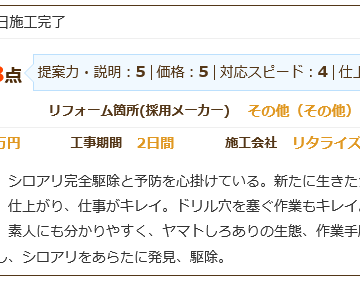 仕上がり、仕事がキレイ。真摯な対応。素人にも分かりやすい施工後アンケート