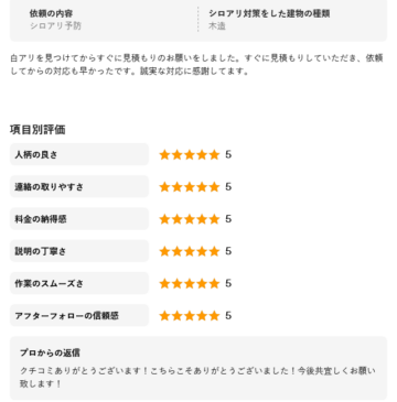 すぐに見積もり。依頼してからの対応も早かった施工後アンケート