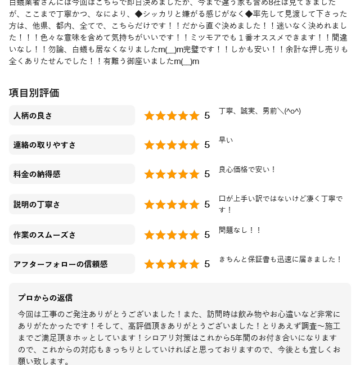 とにかく、誠実、丁寧、満足以上の価格、そして、人柄、真面目施工後アンケート